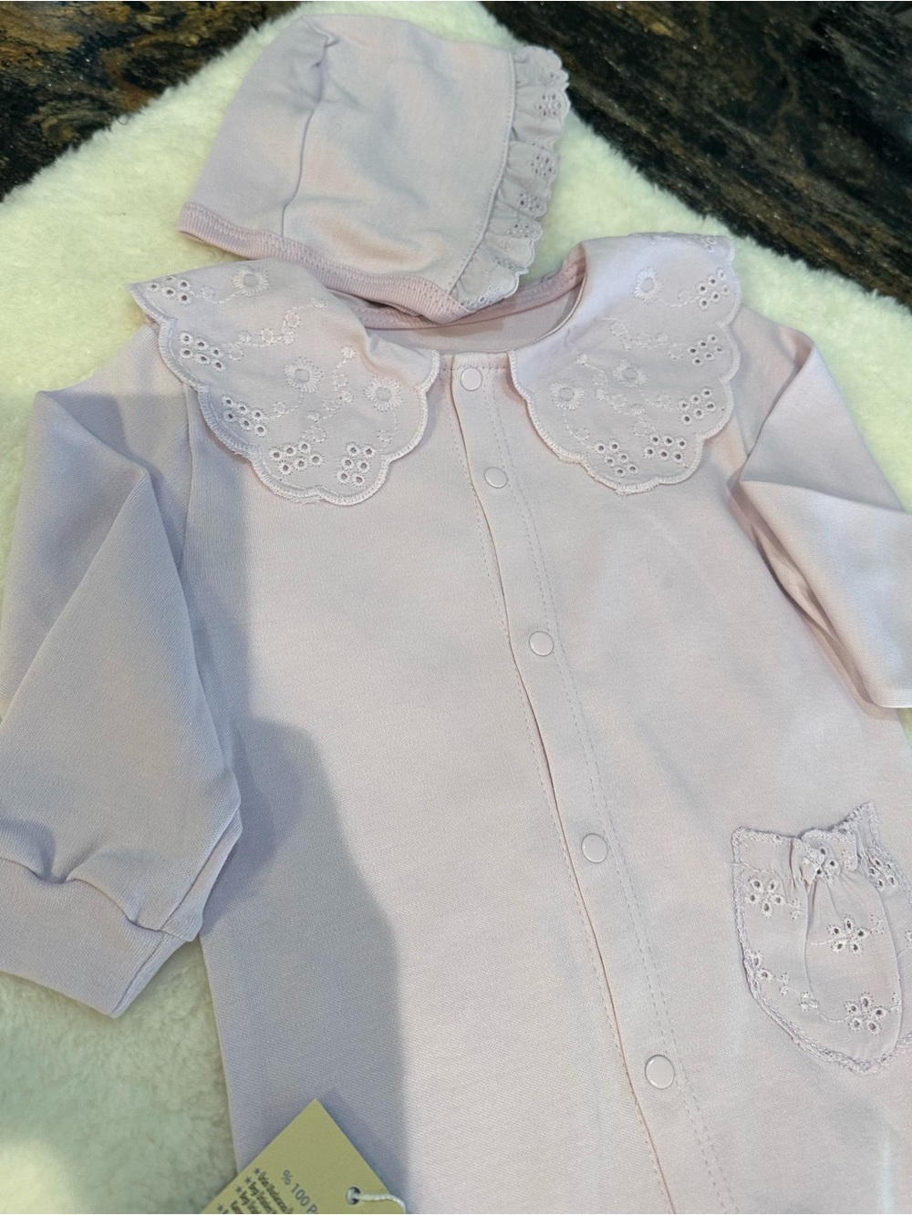 Baby Girl Soft Pink Embroidered Collar Sleep Gown with Hat cotton